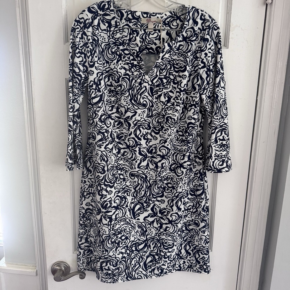 NWT's Aryeh Navy‎ White Floral Shift Dress M Resort Coastal Preppy 3/4 Sleeve